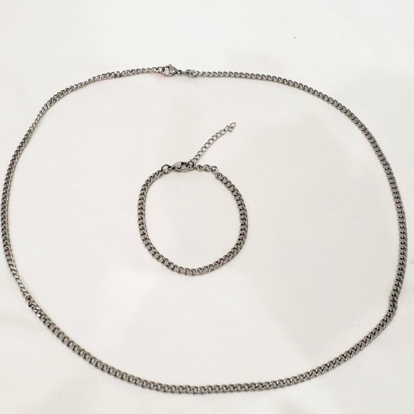 18K White Gold plated 317L Stainless Steel Curb 24" necklace & bracelet 4mm w - Picture 2 of 6